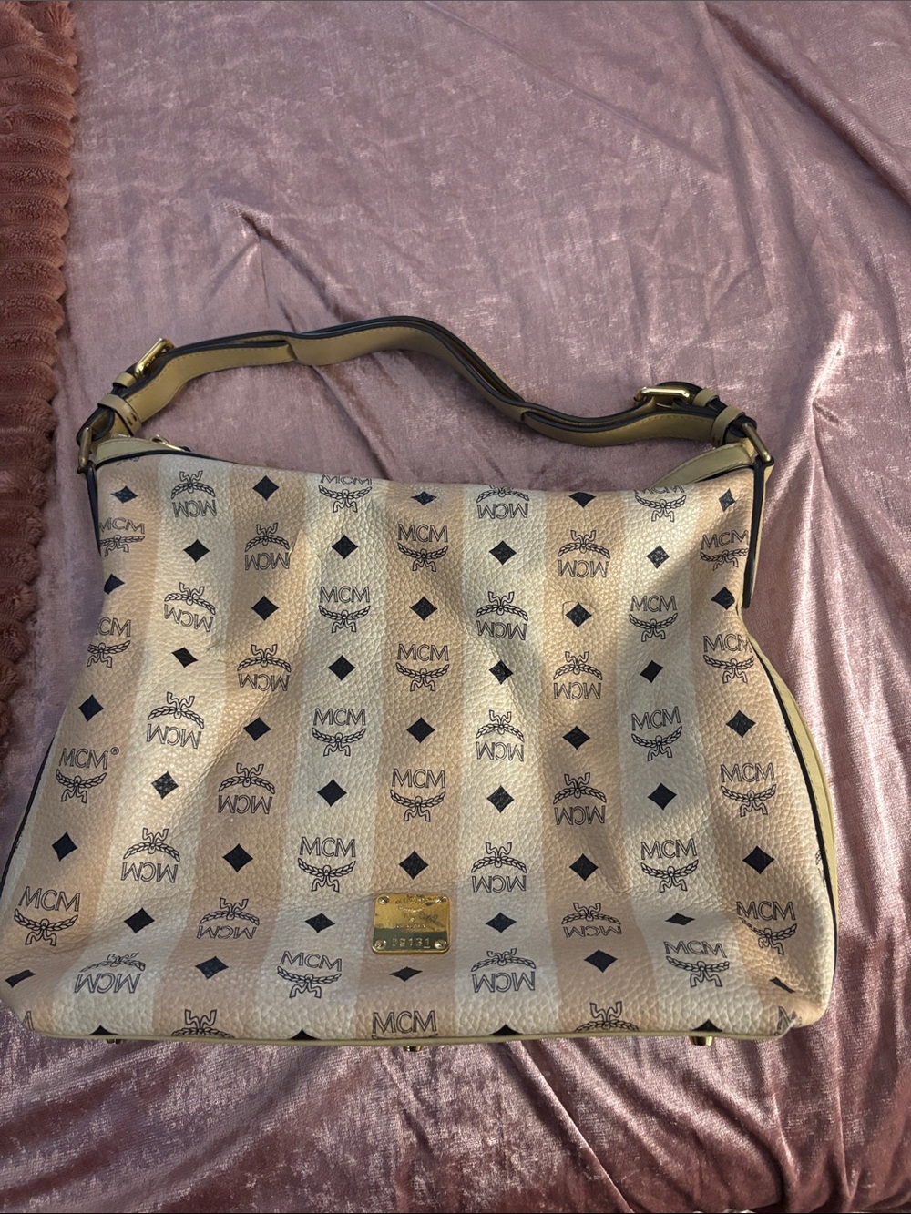 Authentic MCM Beige Visetos Logo Shoulder Bag with Gold Plate